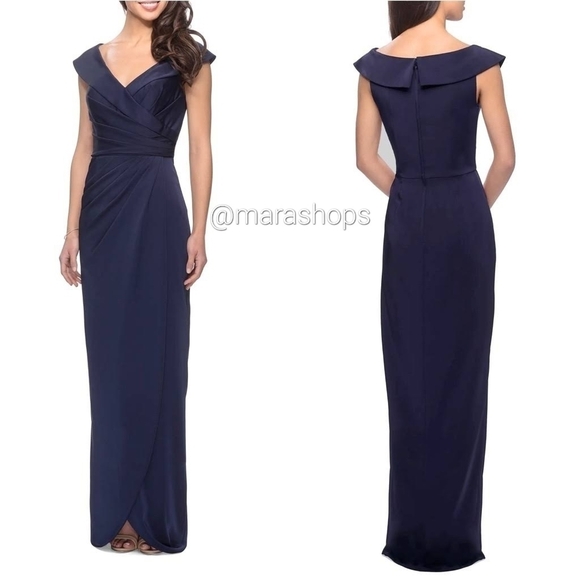 La Femme Surplice Off the Shoulder Column Gown - Picture 1 of 5